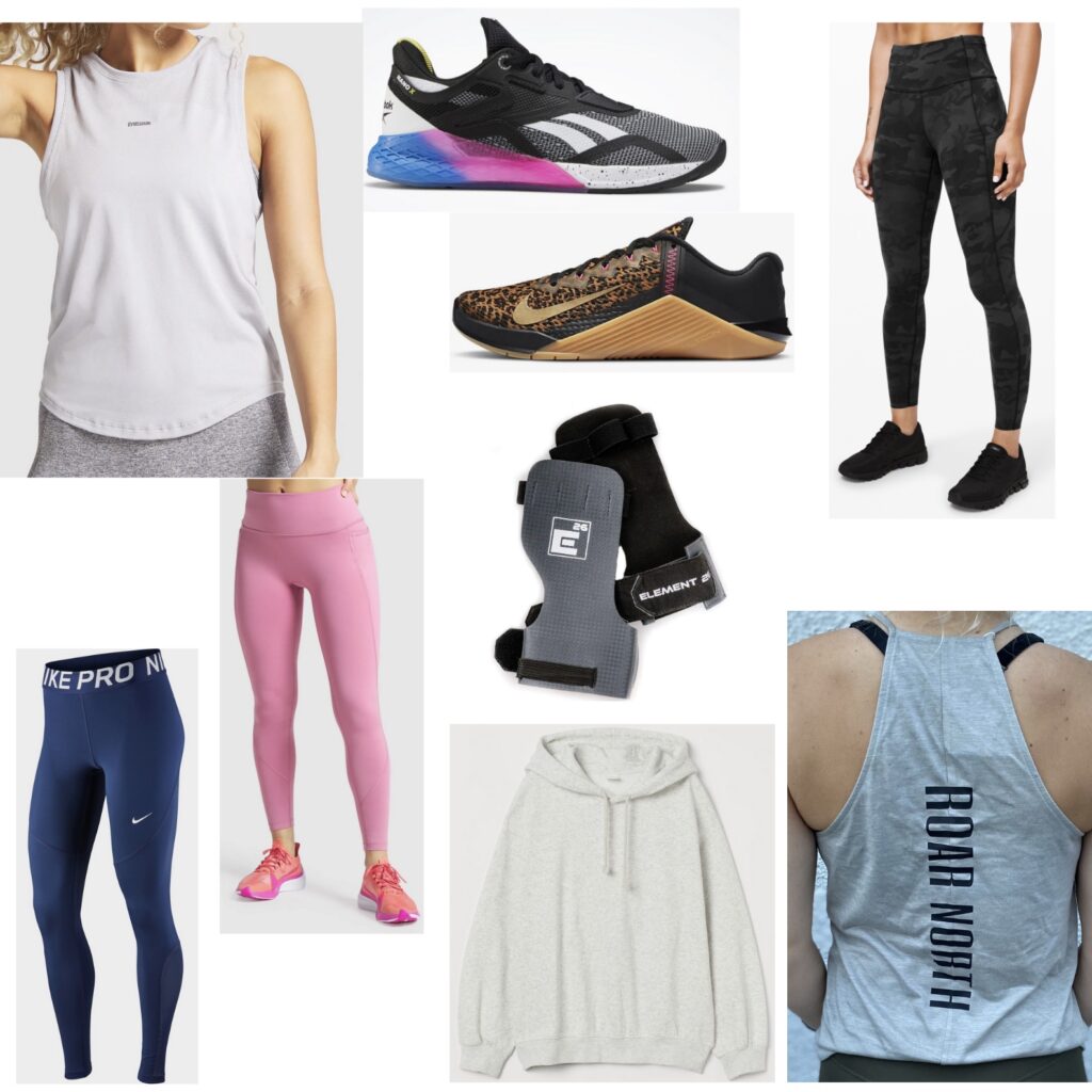 Gym items available, Gym shark vest, Nike and Lululemon blue and khaki leggings and H&M white cotton hoody collage