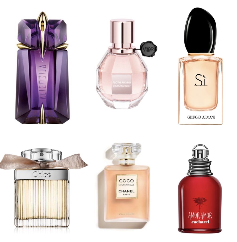6 different perfume brands from purple alien, red amor amor, si, chanel and chloe perfumes
